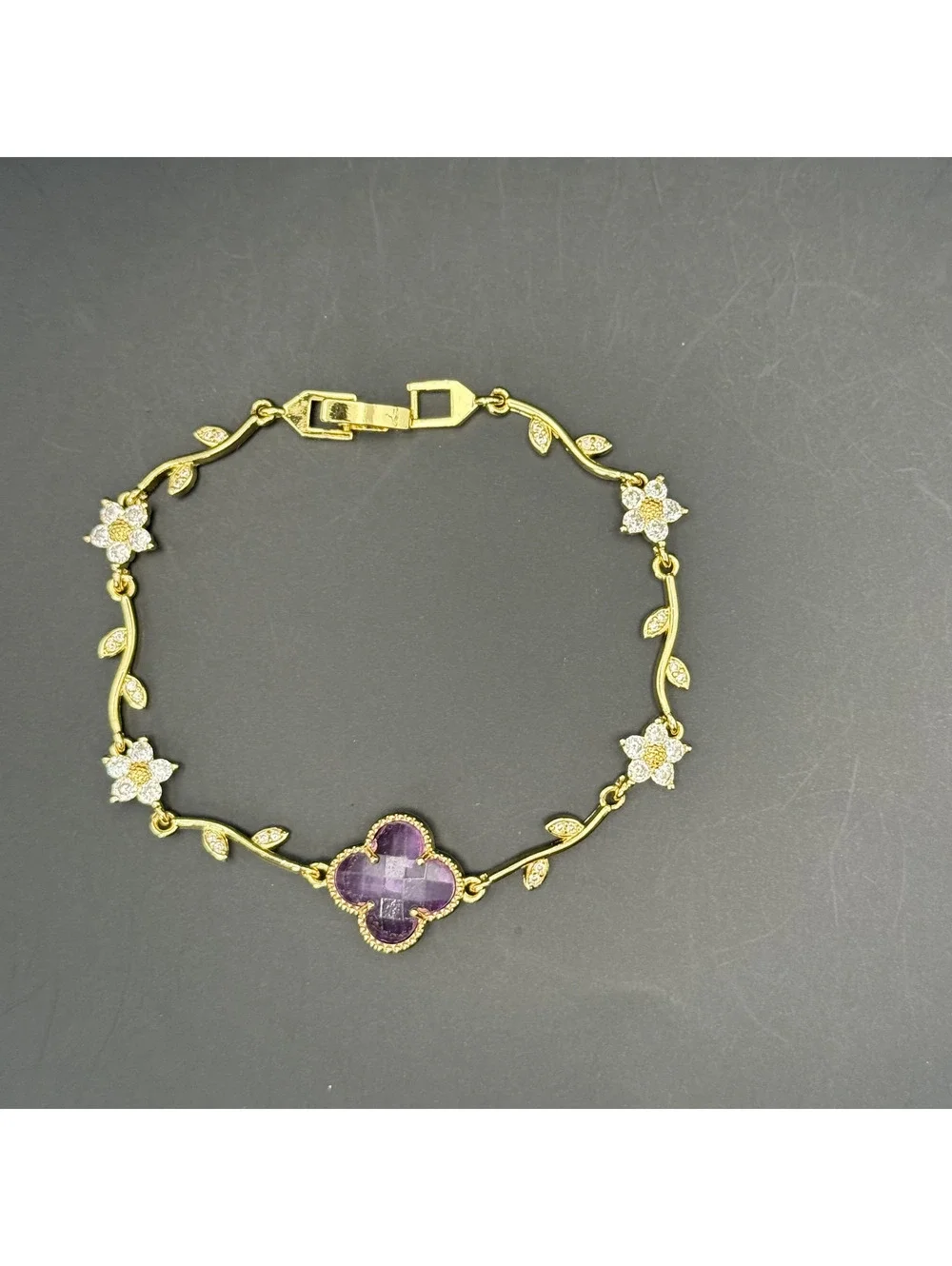 candy+clover lilac amethyst crystal clover floral vine gold tone bracelet